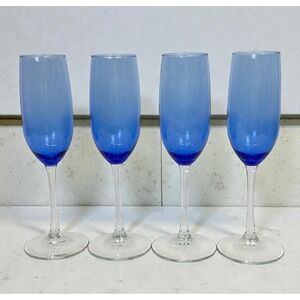 Libbey Vina Blue Champagne Flutes SET OF 4 Stemmed Wine Toasting Glasses VTG 80s